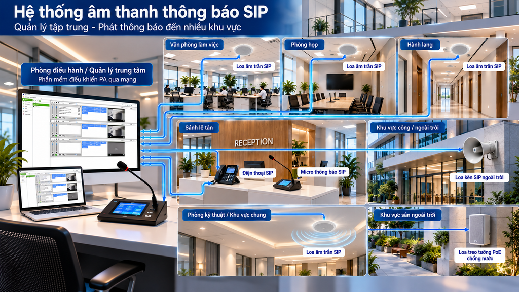 Lắp đặt hệ thống âm thanh IP -PA thông báo công cộng và phát nhạc nền