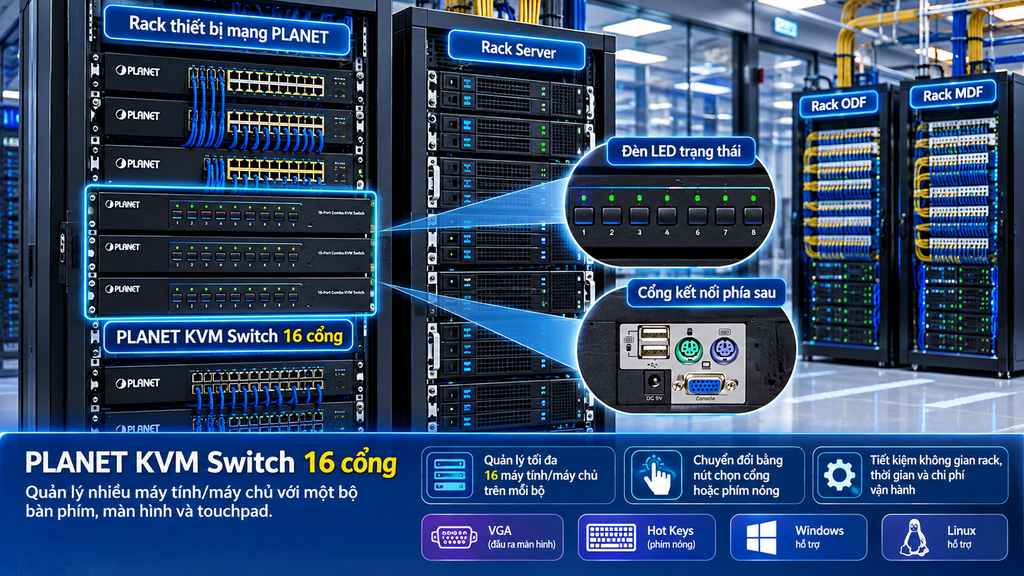 KVM Switch kiểu gắn Rack không có màn hình